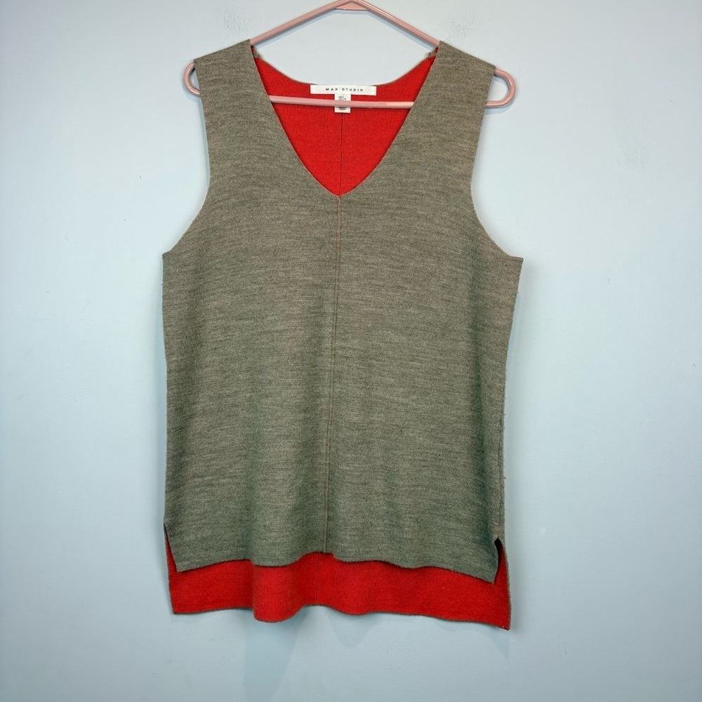 Max Studio Merino Wool Blend Knit Tank Vest – tan & coral | Size L - Picture 2 of 9